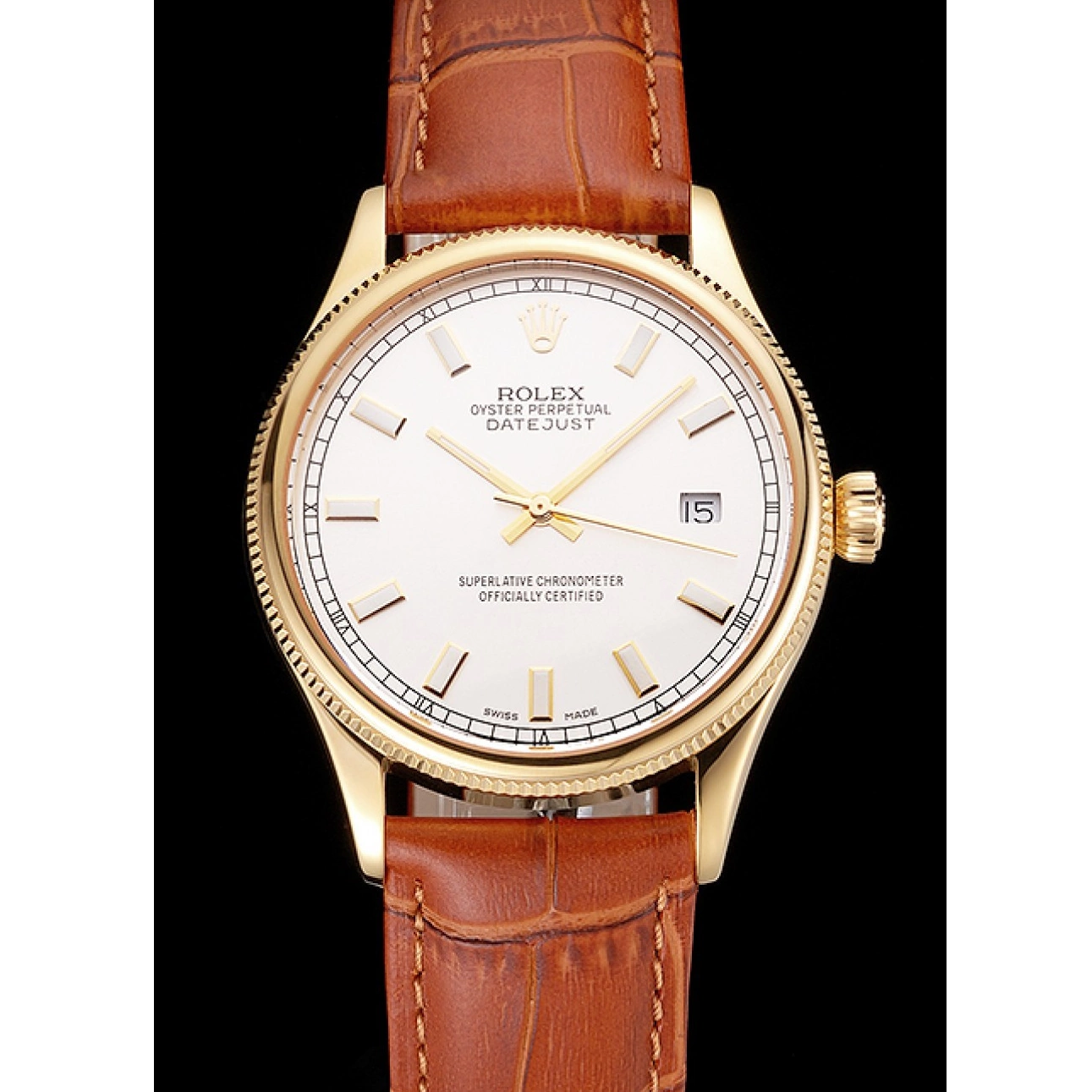 Aaa fake watches Dial Brown Rolex Swiss Strap Gold Case Light Datejust White Leather 0630